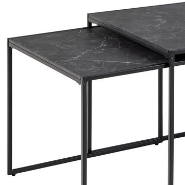 möbelando Satztisch Inverness (3-St), Moderner 3-Satztisch, Tischplatte aus MDF melaminbeschichtet mit Marmor Optik in Schwarz matt, Gestell aus Metall Schwarz matt pulverbeschichtet. großer Tisch: Breite 120 cm, Höhe 48 cm, Tiefe 60 cm, kleine Tische: je Breite 56 cm, Höhe 44 cm, Tiefe 56 cm