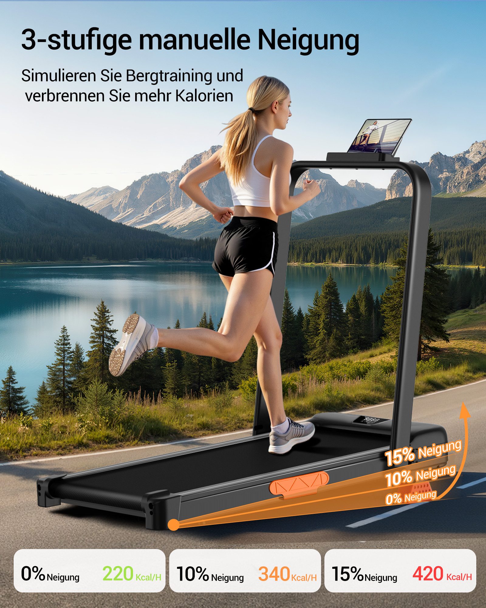 LONTEK Laufband Walking Pad mit Steigung für Zuhause 15 % (1-tlg), mit Steigung max. Belastung 136KG