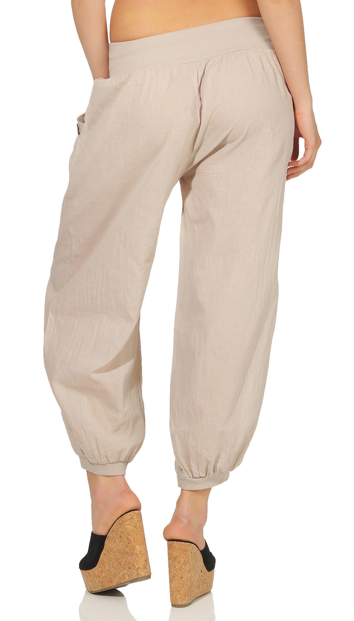 Mississhop Haremshose Damen Aladinhose Hose Baumwolle M.297 Unifarbe Sommerhose Beige