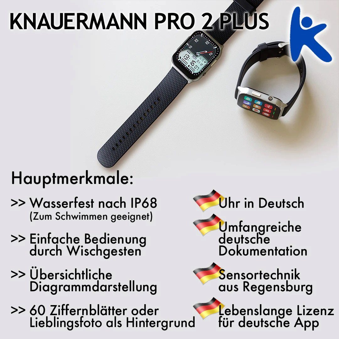 Knauermann Pro 2 Plus silber Schwarz inkl. Lederfaserarmband Schnell-Ladekabel Smartwatch | Schwarz-Lederfaserarmband Zoll), (1,83 (2023)