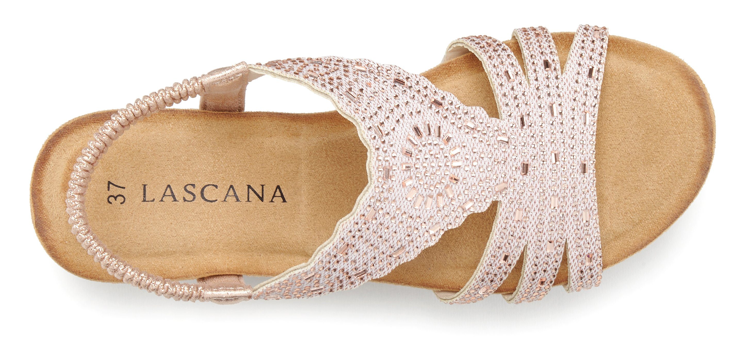 LASCANA Elegante Sommer‑Sandalette Keilsandalette mit Glitzerdetails, Keilabsatz & elastischem Riemchen – Bild 4 von 5