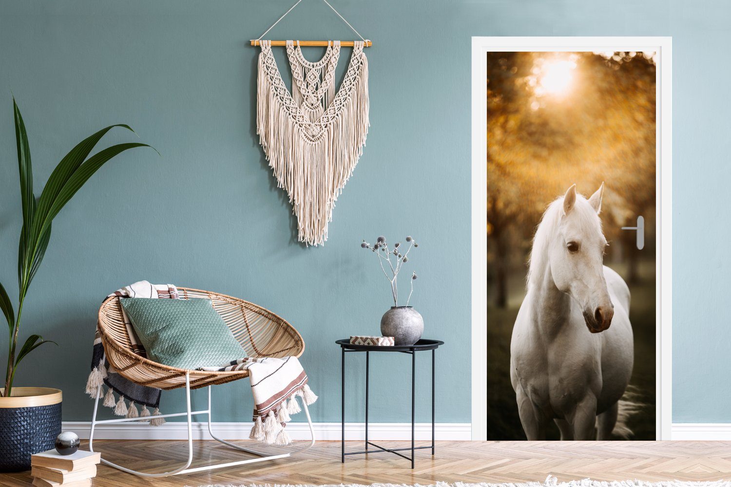 Fototapete Türaufkleber, Sonne bedruckt, - - Pferd Matt, für - 75x205 Tiere (1 Natur, - cm Türtapete Herbst Tür, St), MuchoWow