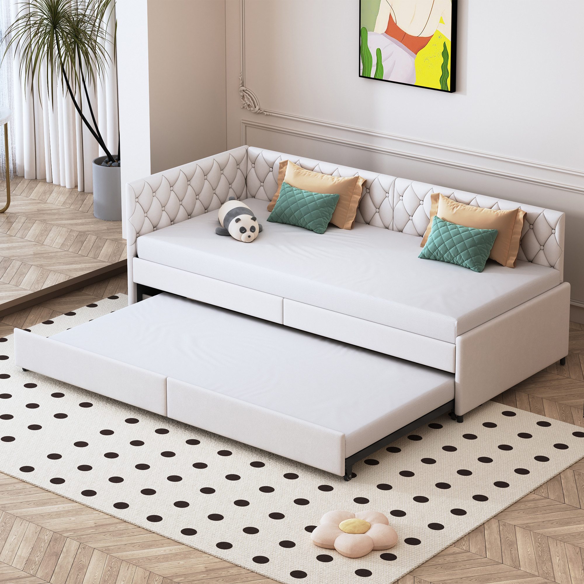 zebery Polsterbett Daybett 90x200cm,Tagesbett Schlafsofa mit Ausziehbett 90x190cm, Beige,Kinderbett mit Lattenrost, Samt