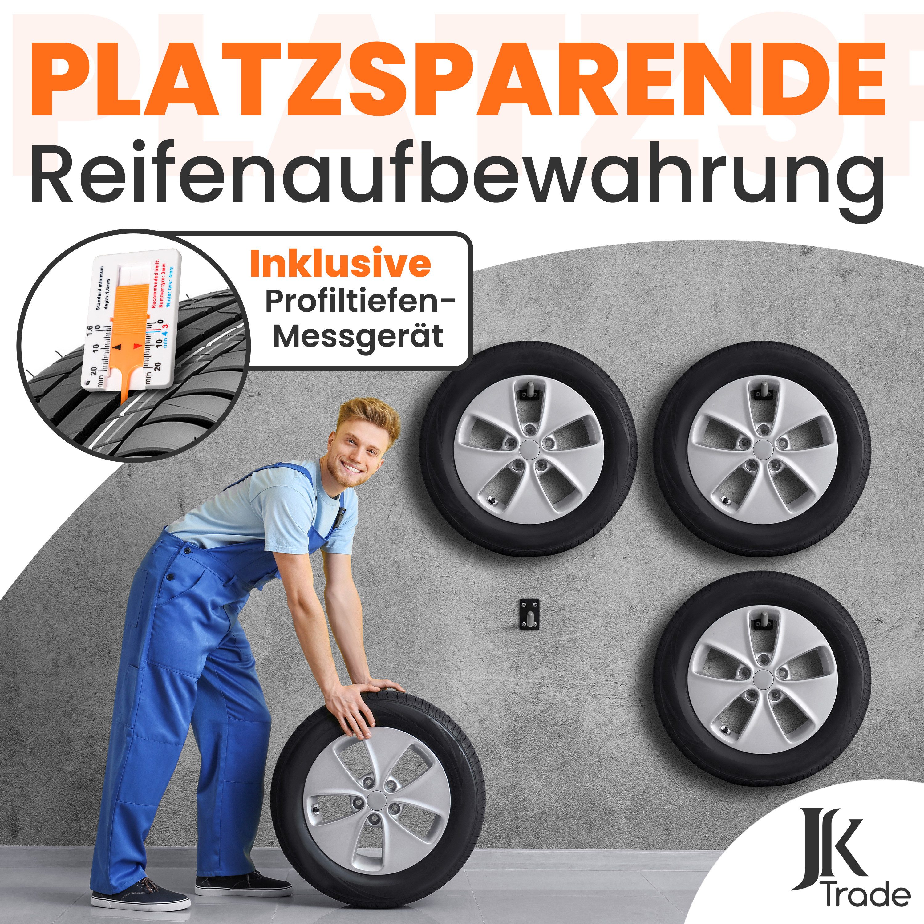 JK Trade Reifen-Wandhalterung 4er Set für Auto Felgen bis 40 kg, (bis 22 Zoll, 4x Reifenhalterung, 16x Schrauben & Dübel, Torx & Profiltiefenmesser, Massiver Stahl mit rutschfester Gummierung)