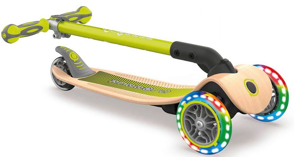 Dreiradscooter WOOD Holzdeck LIGHTS, Globber und toys PRIMO sports mit authentic FOLDABLE Leuchtrollen limettengrün &