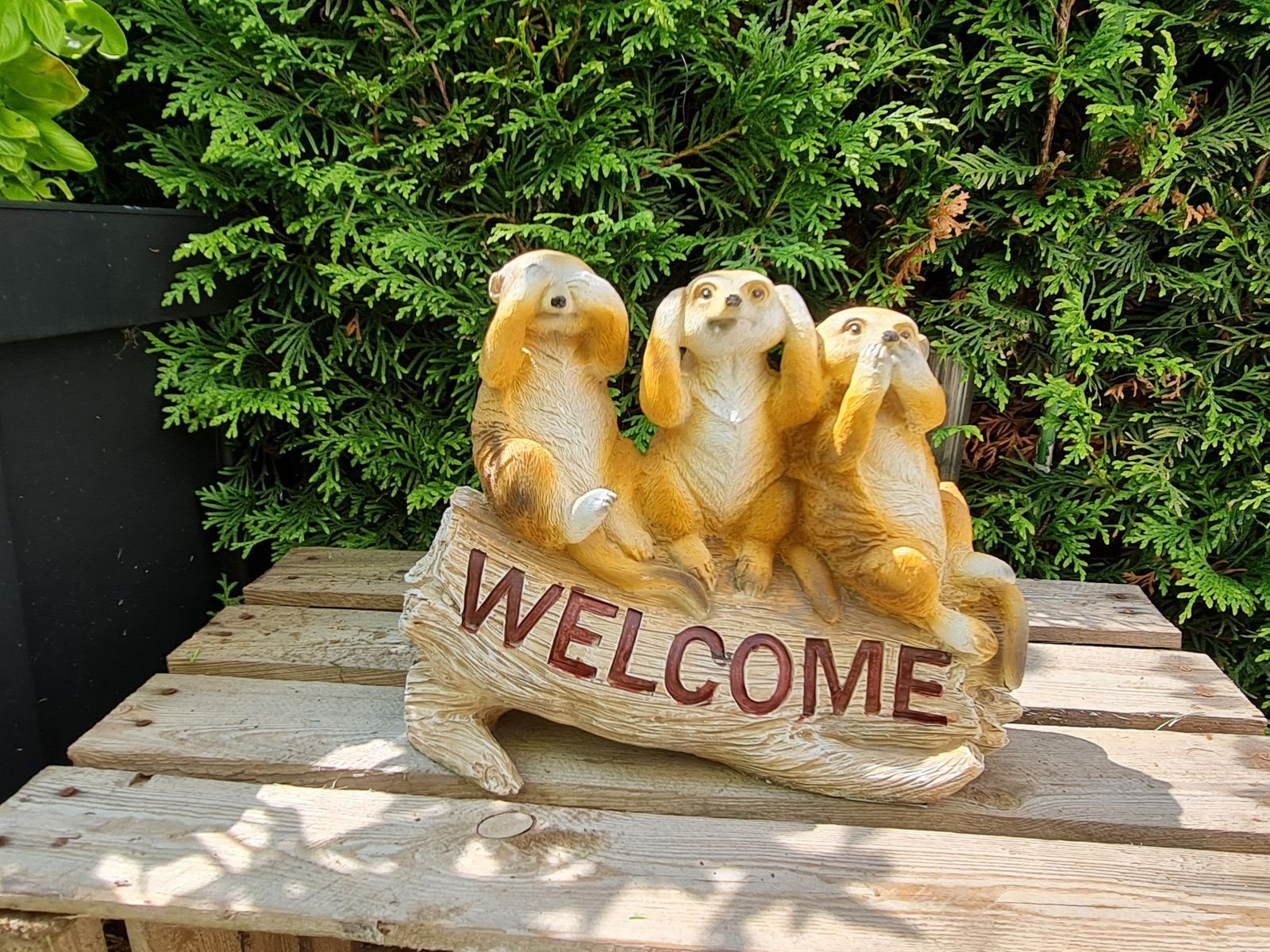 den Die Schild 3 Weisen für Welcome als Gartenfigur Schatzkiste Garten Erdmännchenfigur Kremers
