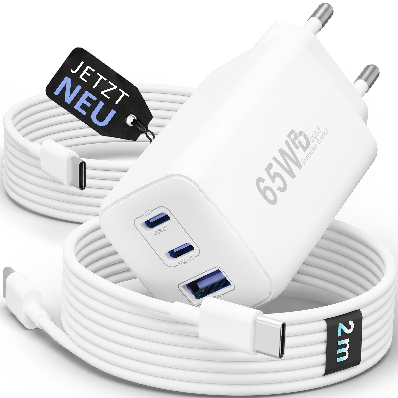GreenHec 65w USB-C Ladegerät 3-Port Mehrfach Schnellladegerät GAN Netzteil Schnelllade-Gerät (50 mA, Spar-Set, Universelle Kompatibilität, + Ladekabel Fast Charger Adapter Macbook Ladestation Type C + USB-AA)