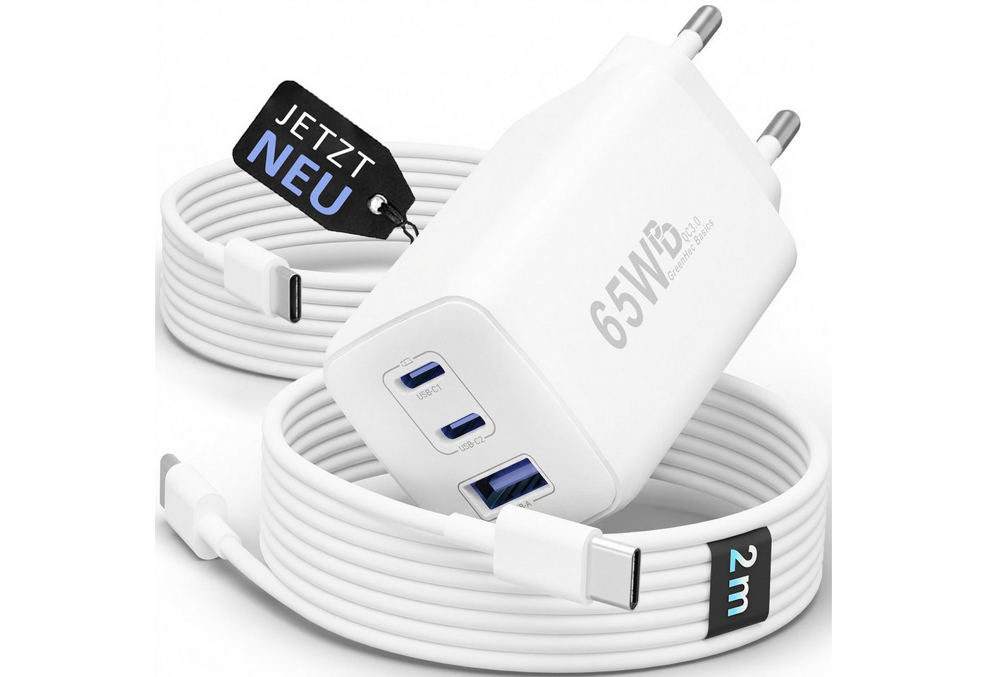 GreenHec 65w USB-C Ladegerät 3-Port Mehrfach Schnellladegerät GAN Netzteil Schnelllade-Gerät (50 mA, Spar-Set, Universelle Kompatibilität, + Ladekabel Fast Charger Adapter Macbook Ladestation Type C + USB-AA)