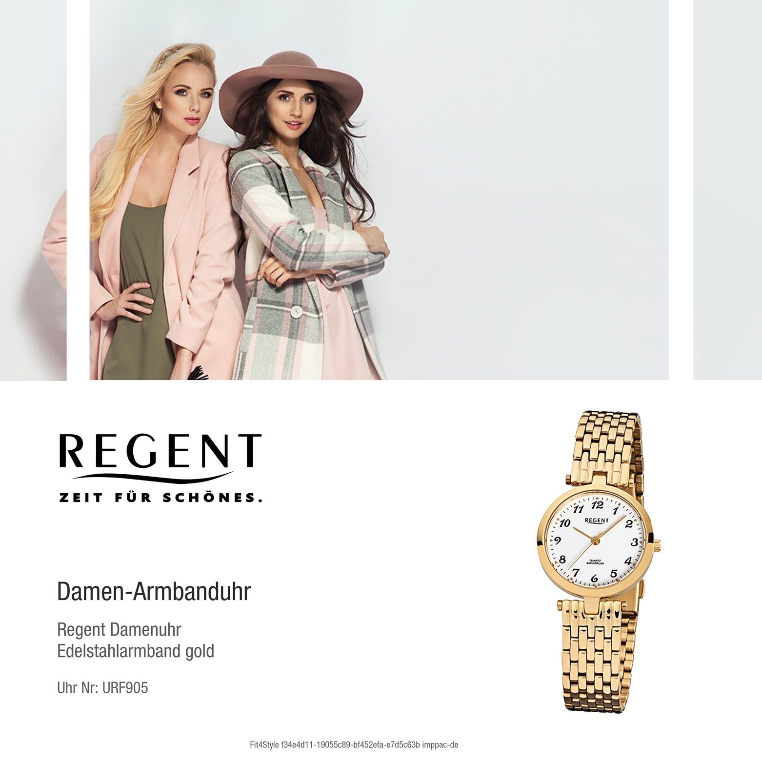 (ca. Quarzuhr Analog rund, Edelstahlarmband klein Armbanduhr Regent gold 28mm), Damen-Armbanduhr Regent Damen F-905,