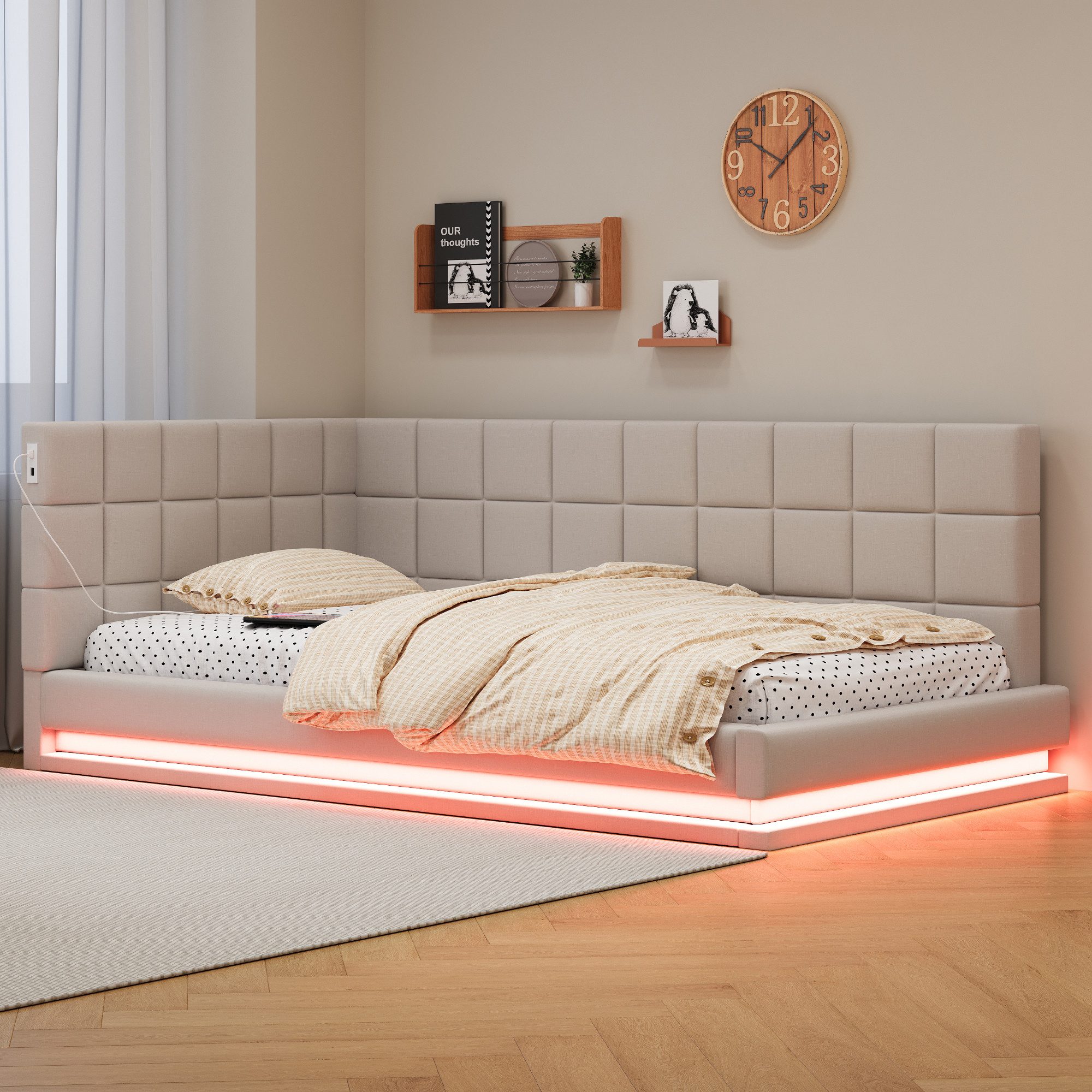 STILVORA Schlafsofa 90×200 mit Lattenrost,Schlafsofa mit bettfunktion,Tagesbett beige, Multifunktionsbett mit LED-Lichtleiste, USB-Steckdose und Lattenrost aus hautsympathischem Samtstoff - ideal für Wohnzimmer und Gästezimmer 90x200cm, Ohne Matratze
