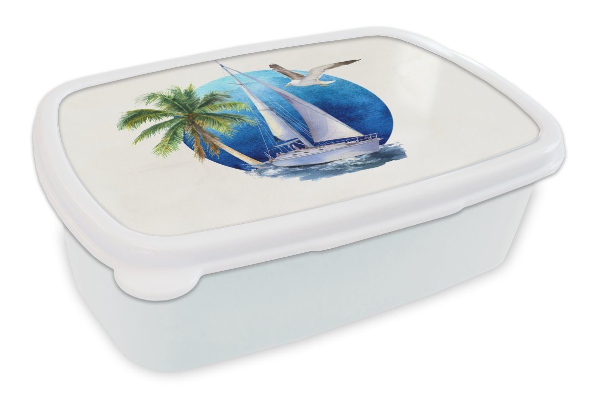 MuchoWow Lunchbox Segelboot - Palme - Vogel - Meer, Kunststoff, (2-tlg), Brotbox für Kinder und Erwachsene, Brotdose, für Jungs und Mädchen weiß