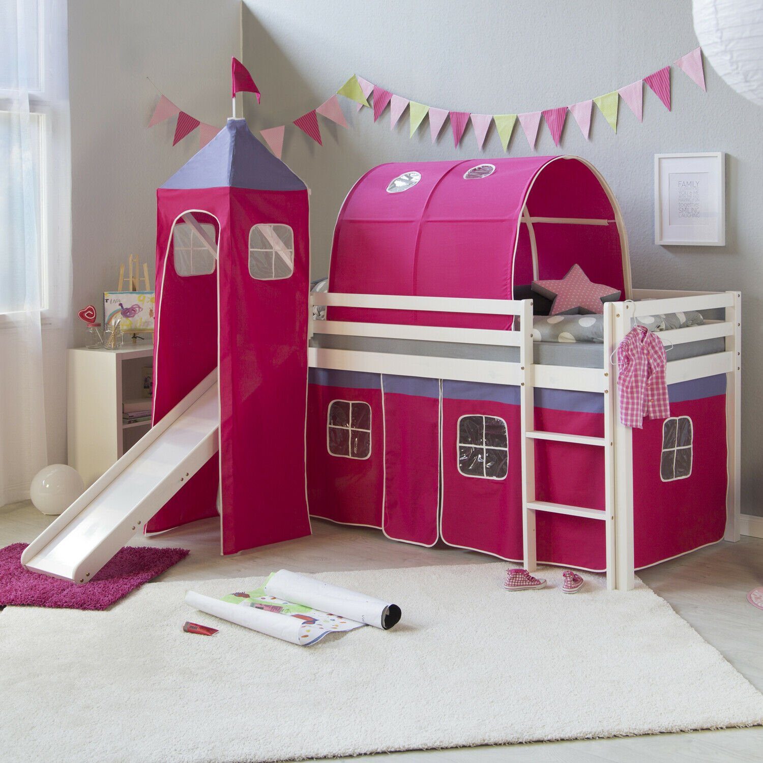 Homestyle4u Hochbett 90x200 mit Vorhang Lattenrost Rutsche Tunnel und Turm günstig online kaufen