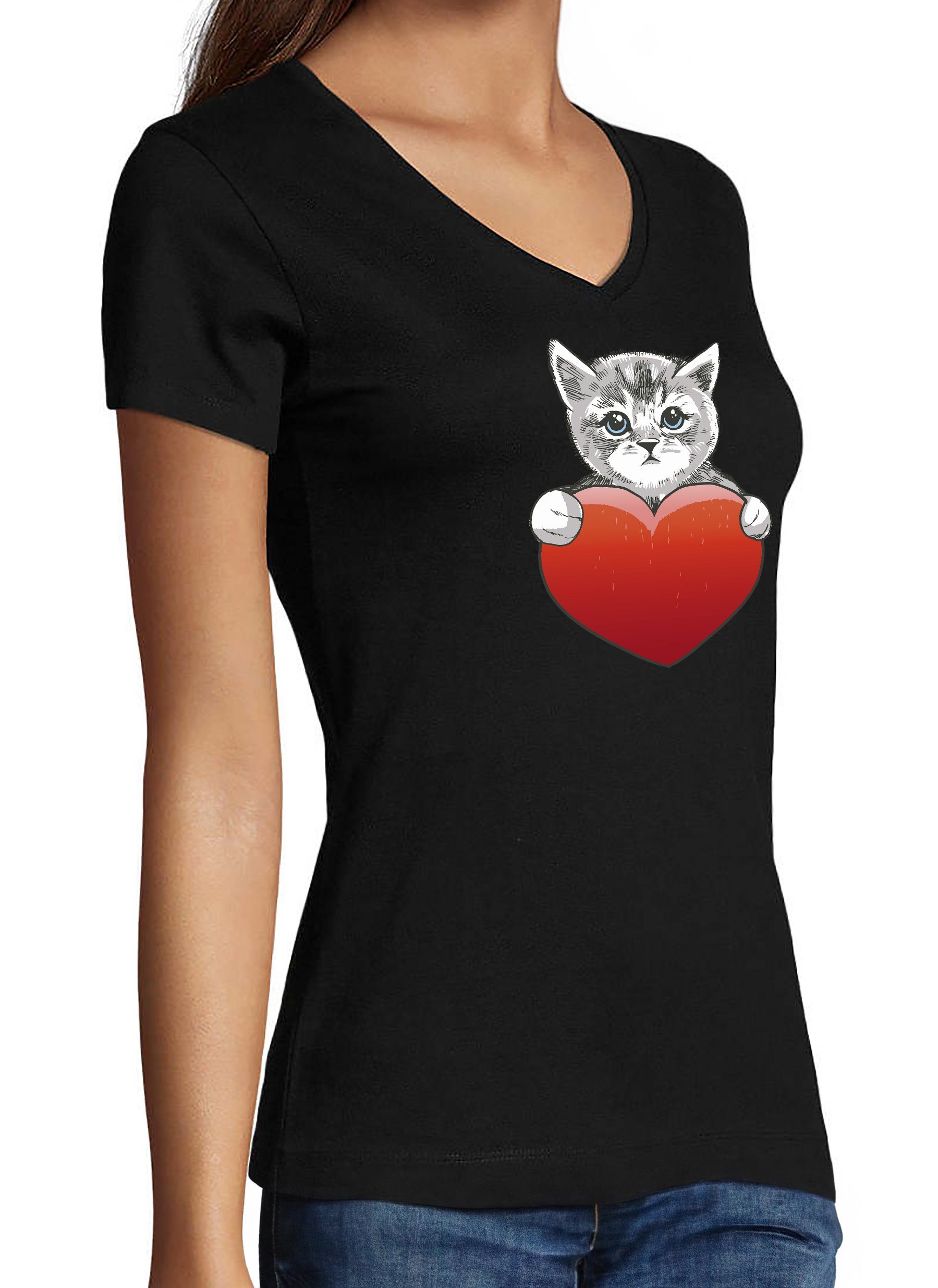 Damen T-Shirt Katzen bedruckt Fit, Shirt - schwarz MyDesign24 Katze mit rotem Baumwollshirt Slim Herz Print Aufdruck, mit i120