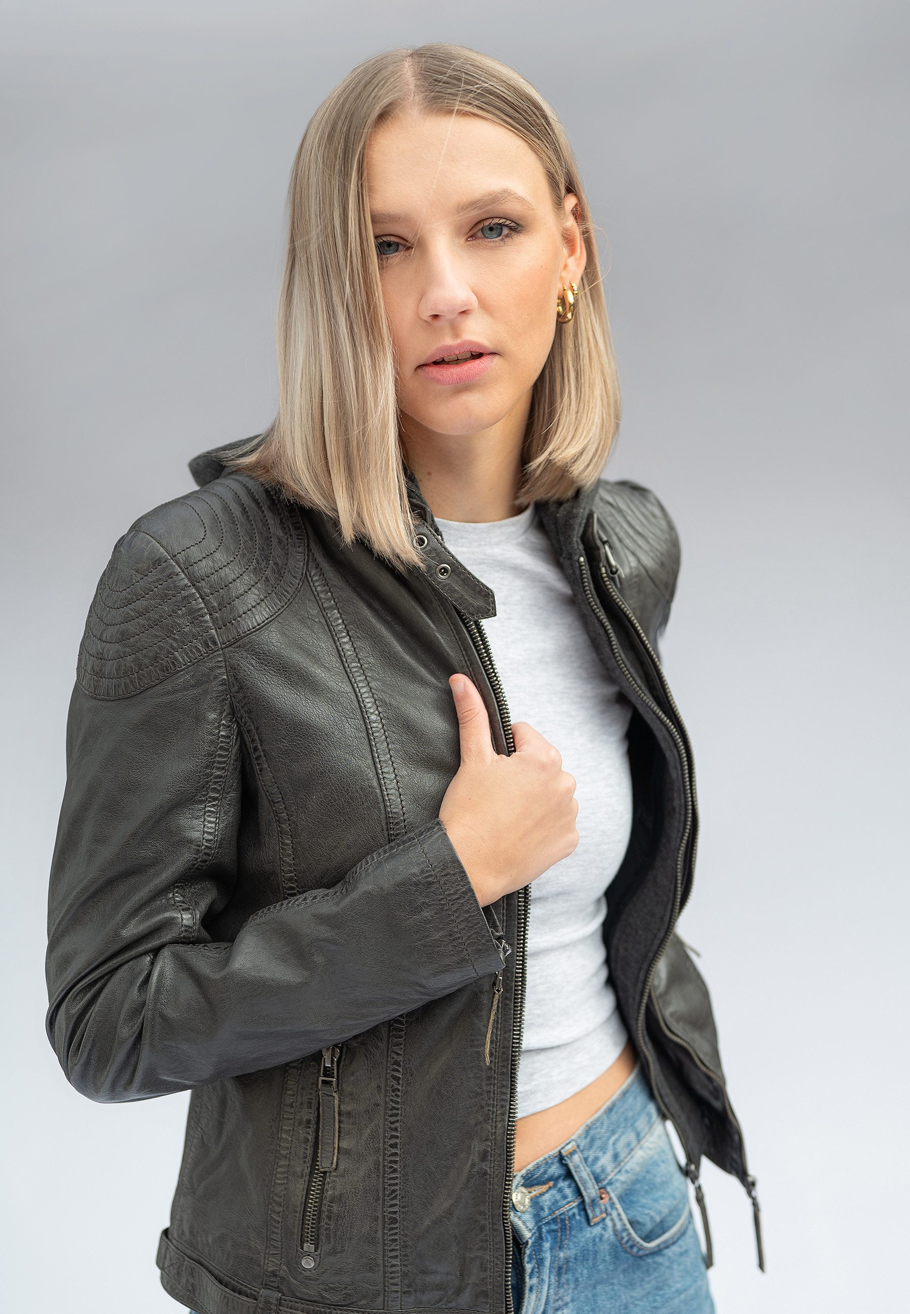 Mauritius Lederjacke Cacey LEGV mti Kapuze, Reißverschluss, Ziersteppung