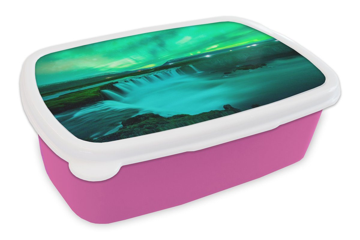 Island - Snackbox, Mädchen, Brotdose (2-tlg), Kinder, rosa Wasserfall MuchoWow - Erwachsene, Kunststoff, Kunststoff Nordlichter, Lunchbox Brotbox für