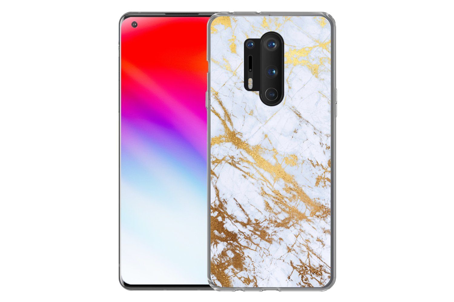 MuchoWow Handyhülle für OnePlus 8 Pro Marmor - Gold - Weiß - Luxe - Marmoroptik - Glitzer, Phone Case, Silikon, Schutzhülle Dünn