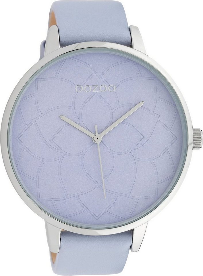 OOZOO Quarzuhr Oozoo Damen Armbanduhr hellblau, Damenuhr rund, extra groß  (ca. 48mm) Lederarmband, Fashion-Style, florales Design auf Zifferblatt