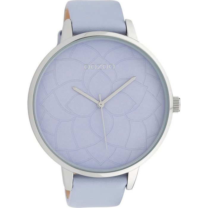 OOZOO Quarzuhr Oozoo Damen Armbanduhr hellblau (Armbanduhr) Damenuhr rund extra groß (ca. 48mm) Lederarmband Fashion-Style
