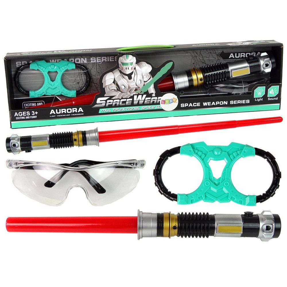 LEAN TOYS Lichtschwert Laserschwert Weltraumschwert Schutzbrille (Spar-Set, 1-tlg., 80 x 5 x 5 cm ausziehbar), ausziehbar, Licht & Sound, Schutzbrille