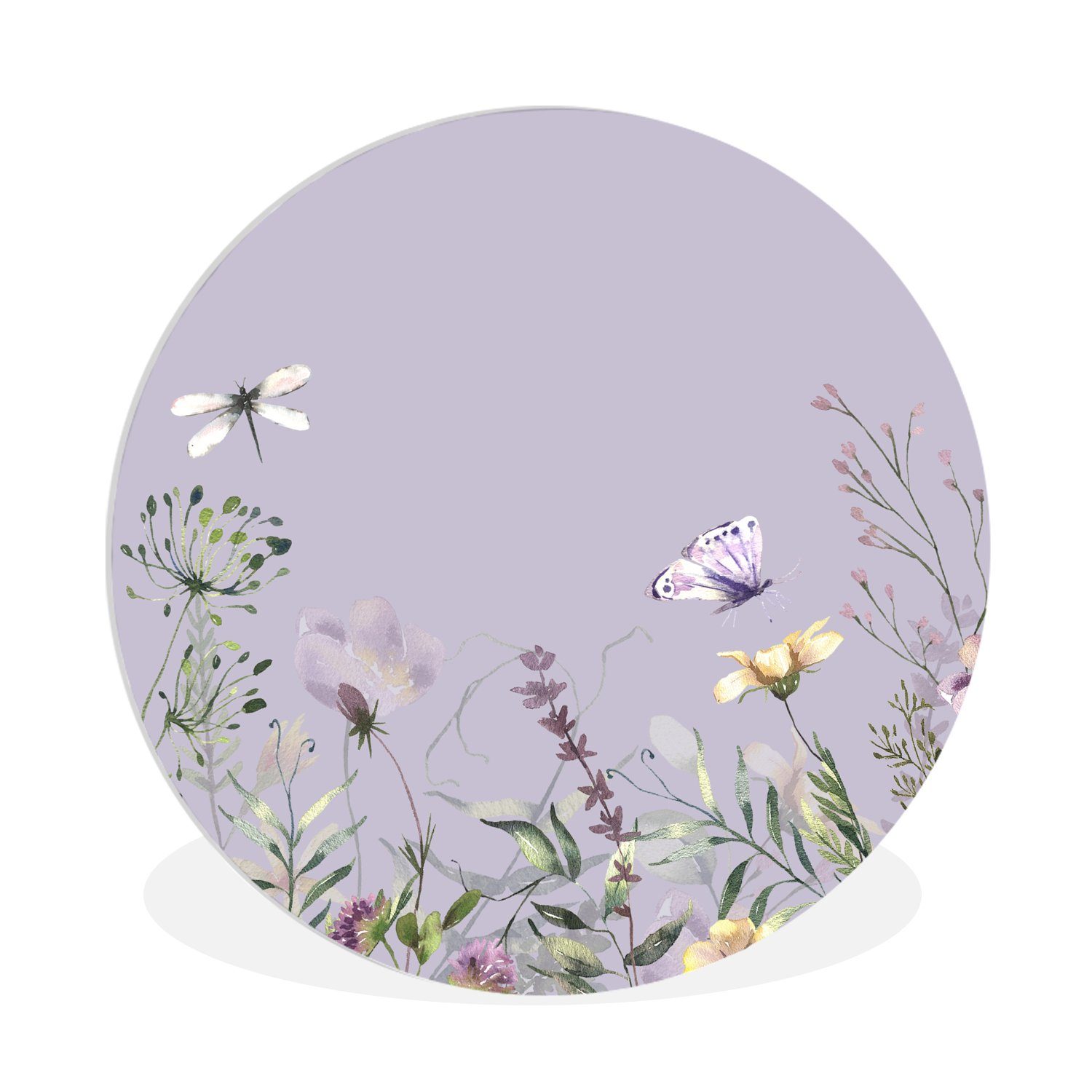 MuchoWow Gemälde Blumen - Schmetterling - Flieder - Kinder - Mädchen - Kinderzimmer, Fotodruck (1 St), Kreis Wanddekoration, Rundes Wandbild, 30x30 cm