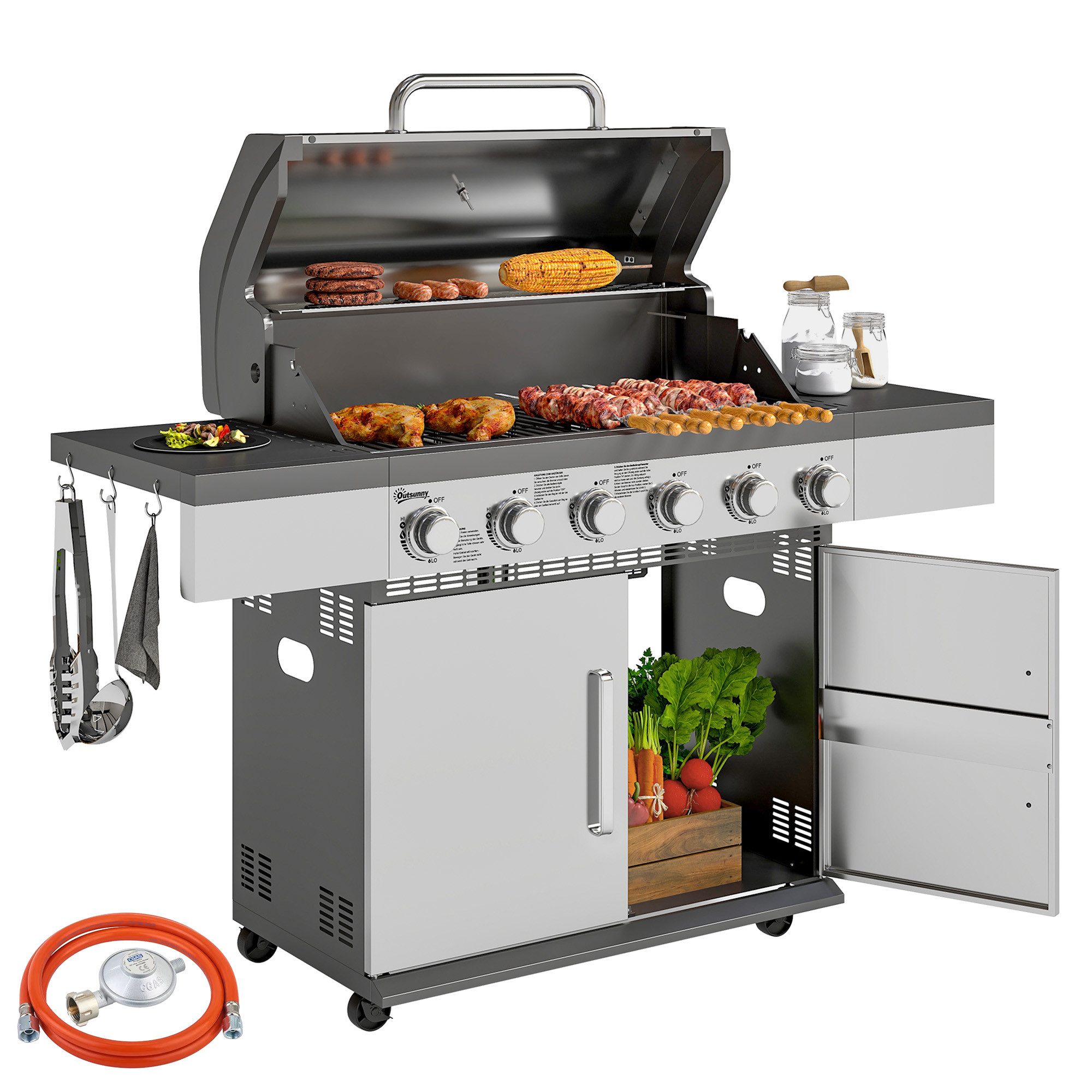 Outsunny Gasgrill inkl 6 Edelstahl-Brenner, Rolle, Thermometer, Seitenablage, Gartengrill aus Edelstahl, 8500BTU Grillwagen, für Balkon, Camping-Grill 143 x 55 x 110 cm