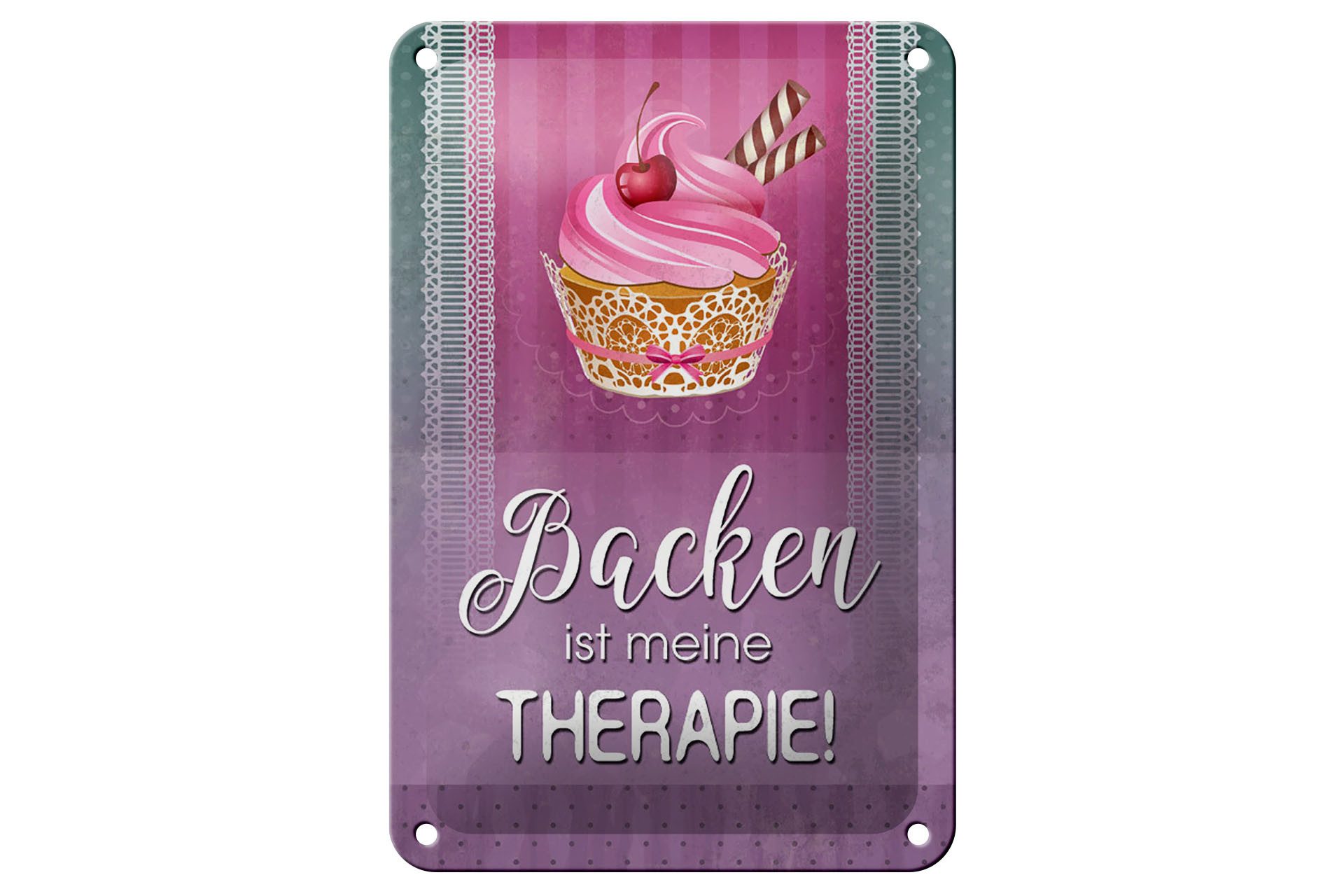 Femer GmbH Metallschild Spruch 12x18cm Backen ist meine Therapie, (1 St), gewölbte Oberfläche, abgerundete Ecken, umgeschlagene Kanten