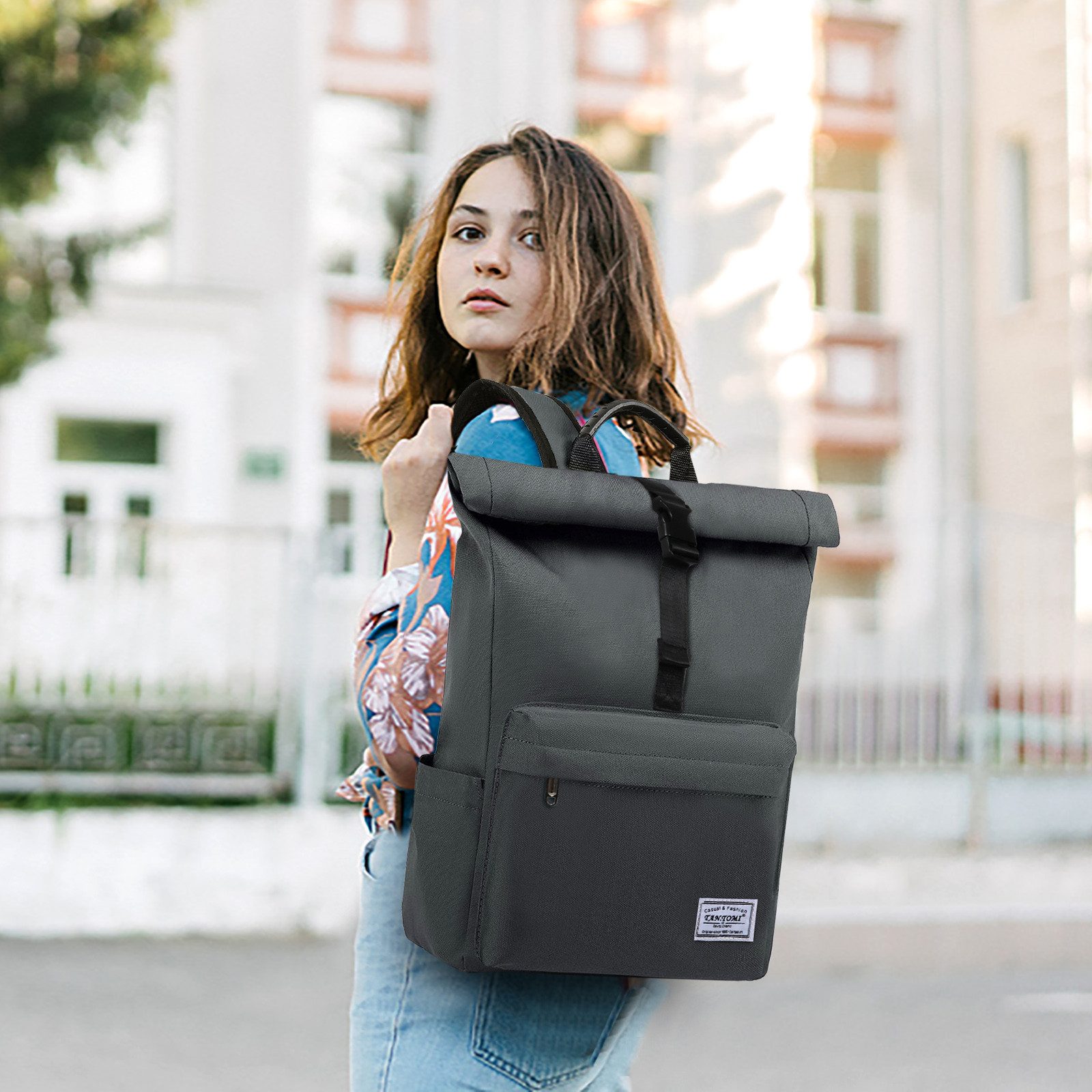 TAN.TOMI Cityrucksack Rolltop Rucksack Damen Herren, Rucksack Laptop Tasche 15,6 Zoll (Damen Herren weit öffenbar, Rolltop Rucksack wasserabweisend), Backpack Daypack für Schule,Fahrradfahren,Freizeit und Reise