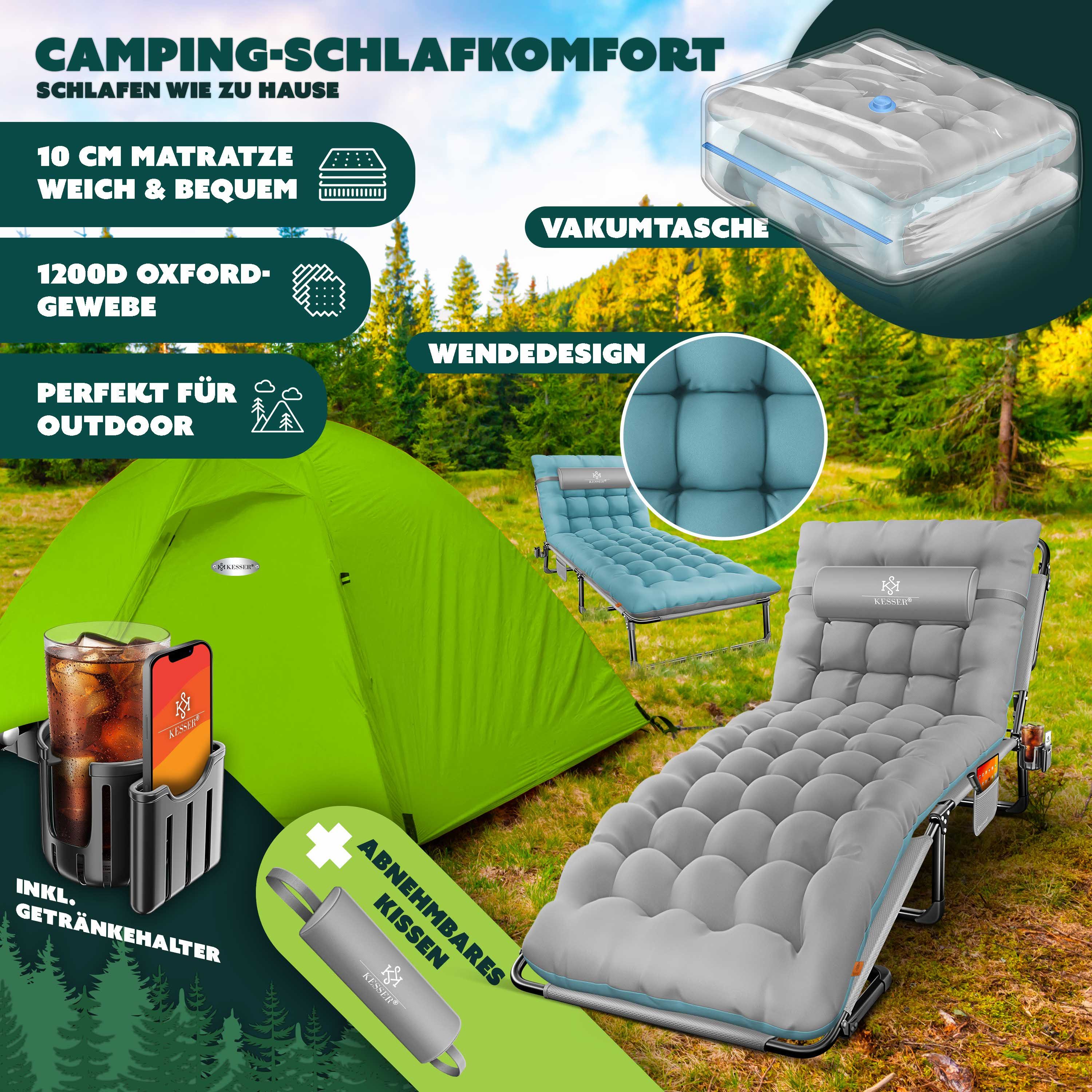 KESSER Campingliege Campingbett Campingliege Angelliege Karpfenliege klappbar (mit Tragetasche, Getränkehalter & Nackenkissen bis 250 kg belastbar) 190 x 68 x 30 cm strapazierfähiges Oxford-Gewebe stabiles Stahlgerüst