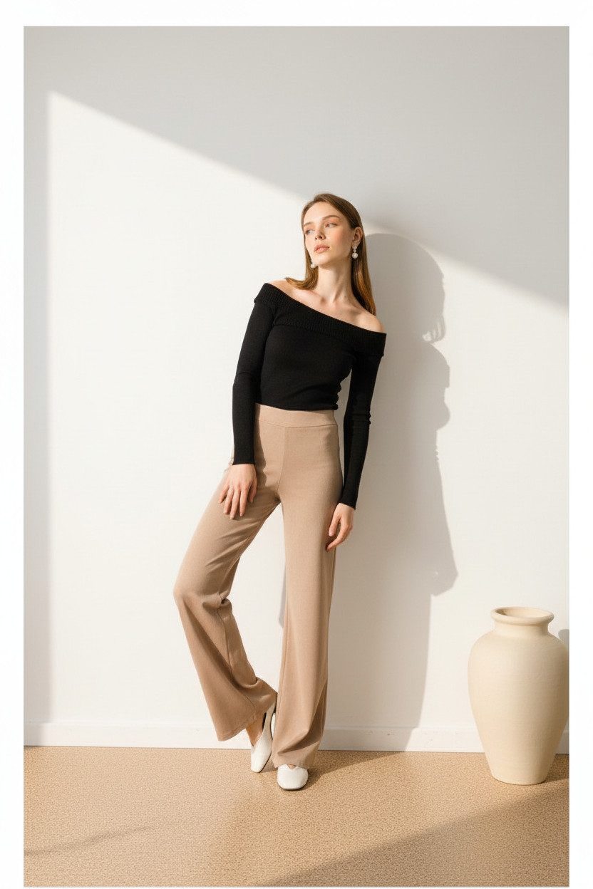 Zuckerwatte Strickhose mit weitem Beim aus wertiger Viskose Stretch Mischung