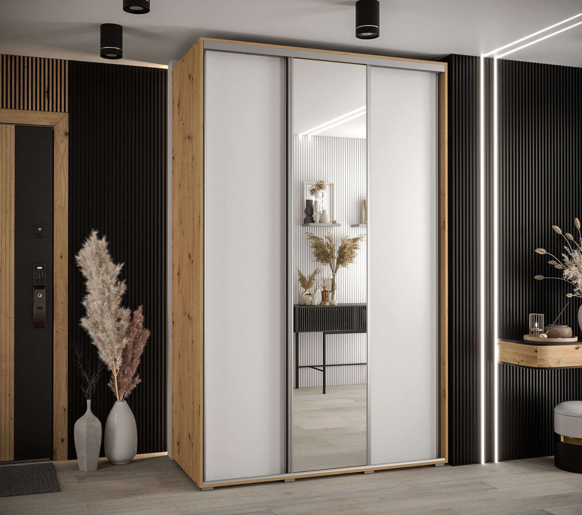 ABIKS MÖBEL Schwebetürenschrank Davos 3 Schlafzimmerschrank mit Spiegel, Kleiderstange und Regalen