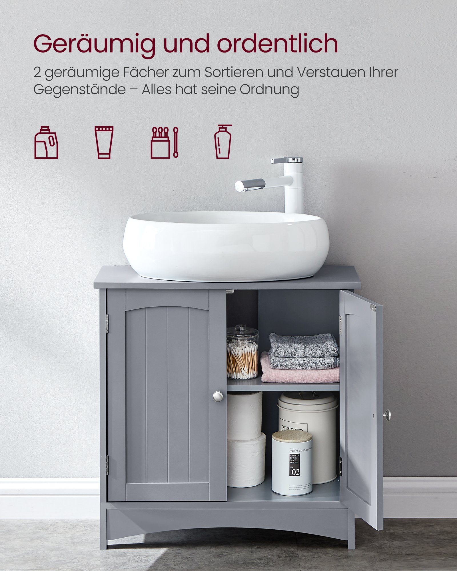 VASAGLE Waschbeckenunterschrank Waschtischunterschrank Badezimmerschrank mit 2 Türen, verstellbare Ablage, 2 Fächer, Breite 60cm