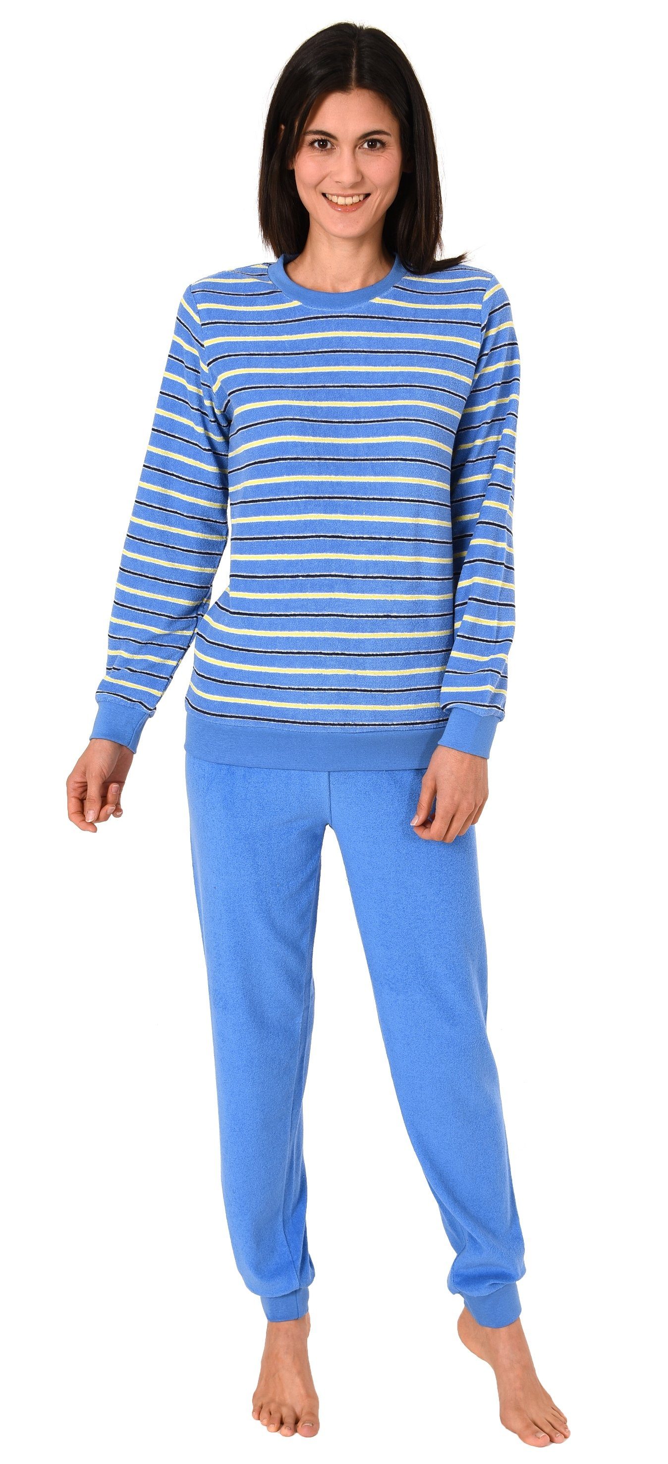 Normann Pyjama Kuscheliger mit Pyjama hellblau Streifenoptik Bündchen Damen Frottee für