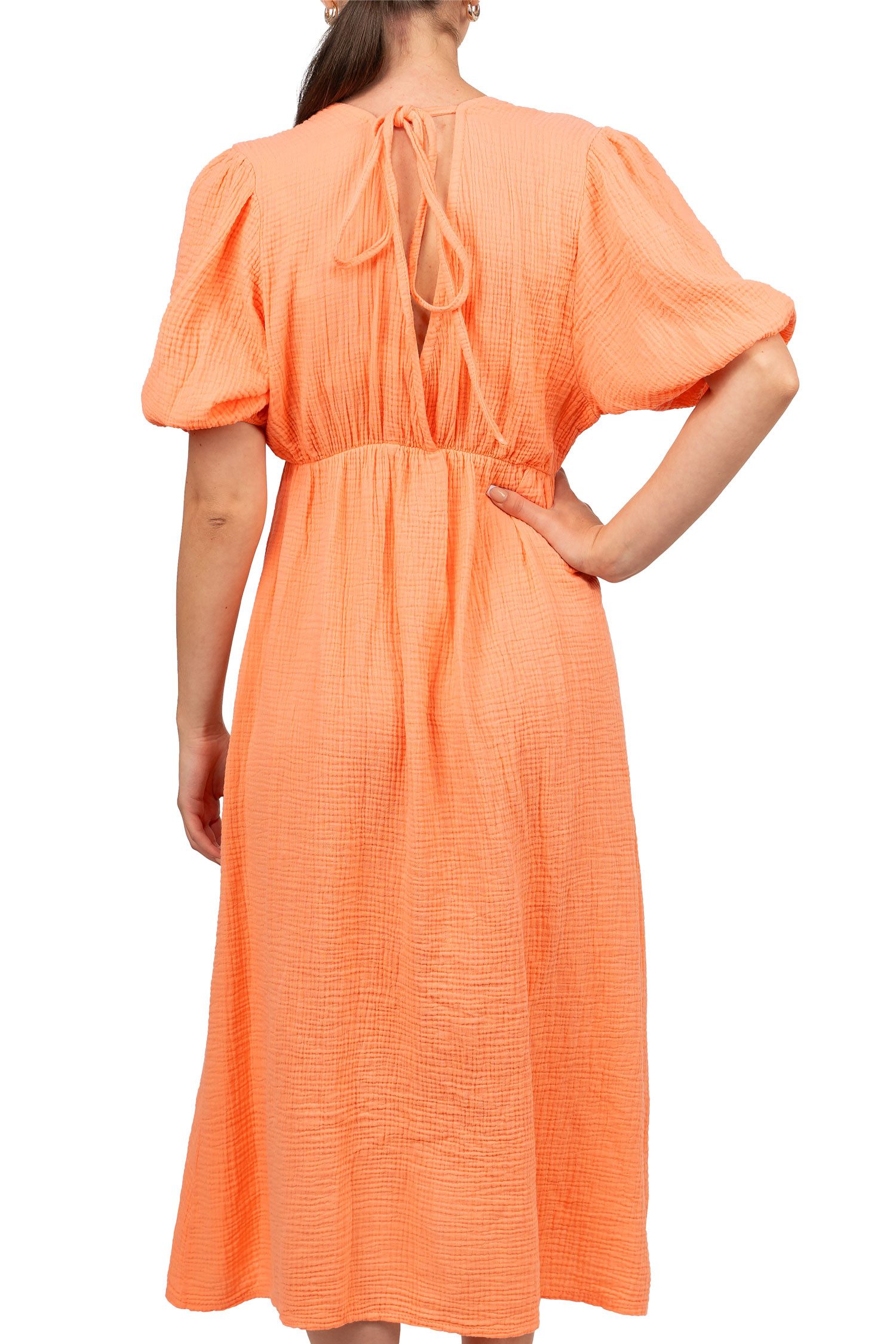 Reichstadt Sommerkleid Damen Musselin 25RSW077 Feminine Puffärmel und Rückenschleife