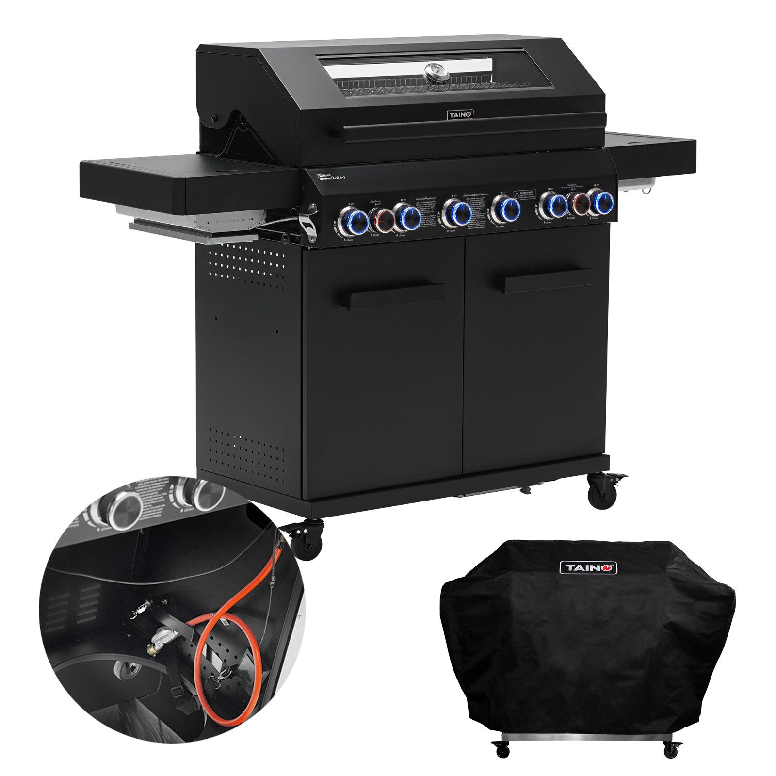 TAINO Gasgrill PLATINUM YAMARA DARK 6+2 mit Haube, Spar-Set, 6 Hauptbrenner, Sear-Zone, Heckbrenner, Edelstahl, Schwarz