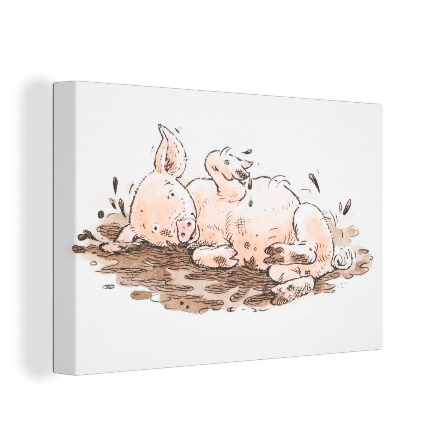 OneMillionCanvasses® Leinwandbild Eine Illustration eines Ferkels im Schlamm, (1 St), Wandbild Leinwandbilder, Aufhängefertig, Wanddeko, 30x20 cm