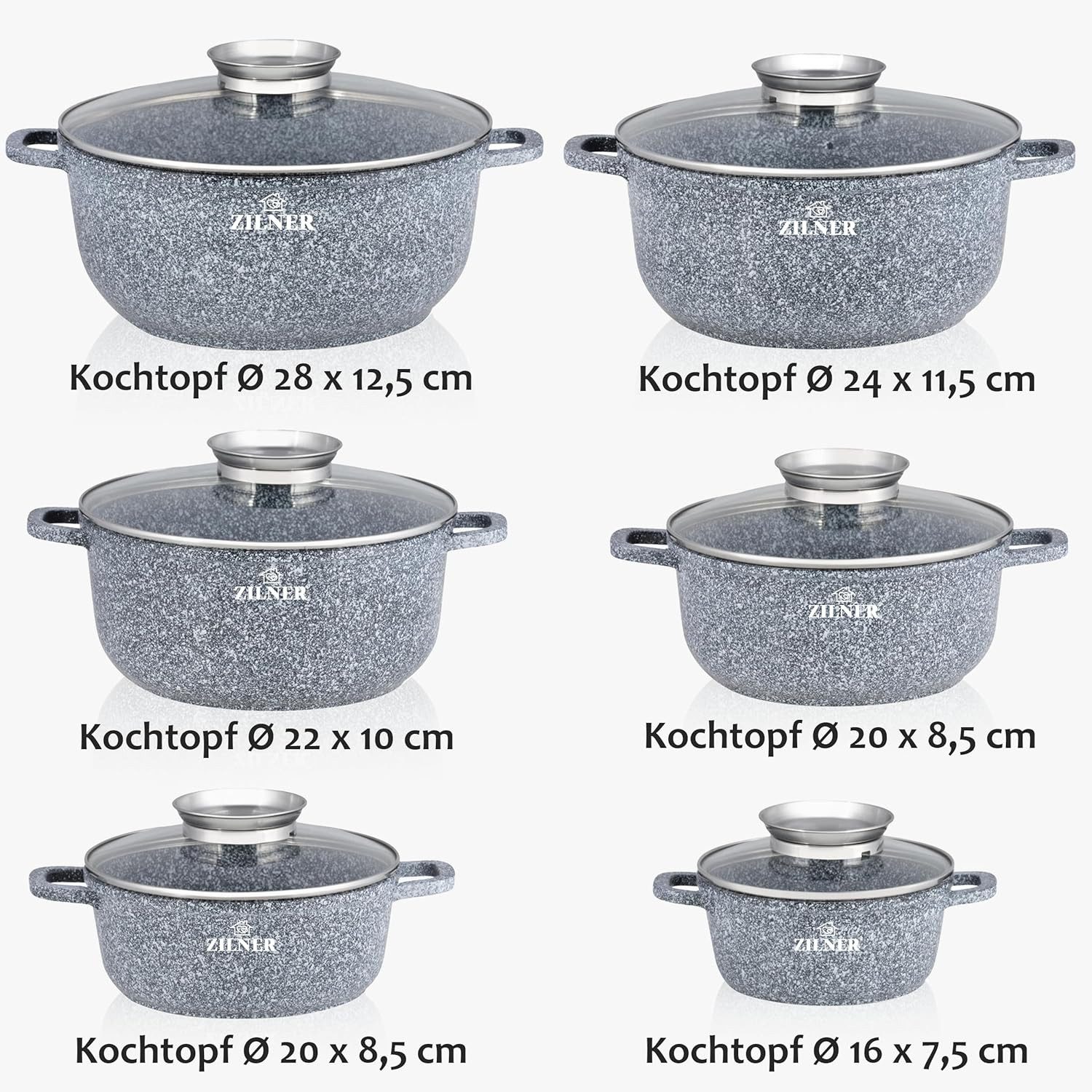 Zilner Topf-Set Set von sechs schönen grauen steinüberzogenen Töpfen, Aluminium, Keramik, Edelstahl, Aluminiumguss (Passt in jede Küche! 1.3L / 2.3L / 2.3L / 3. – Bild 3 von 5