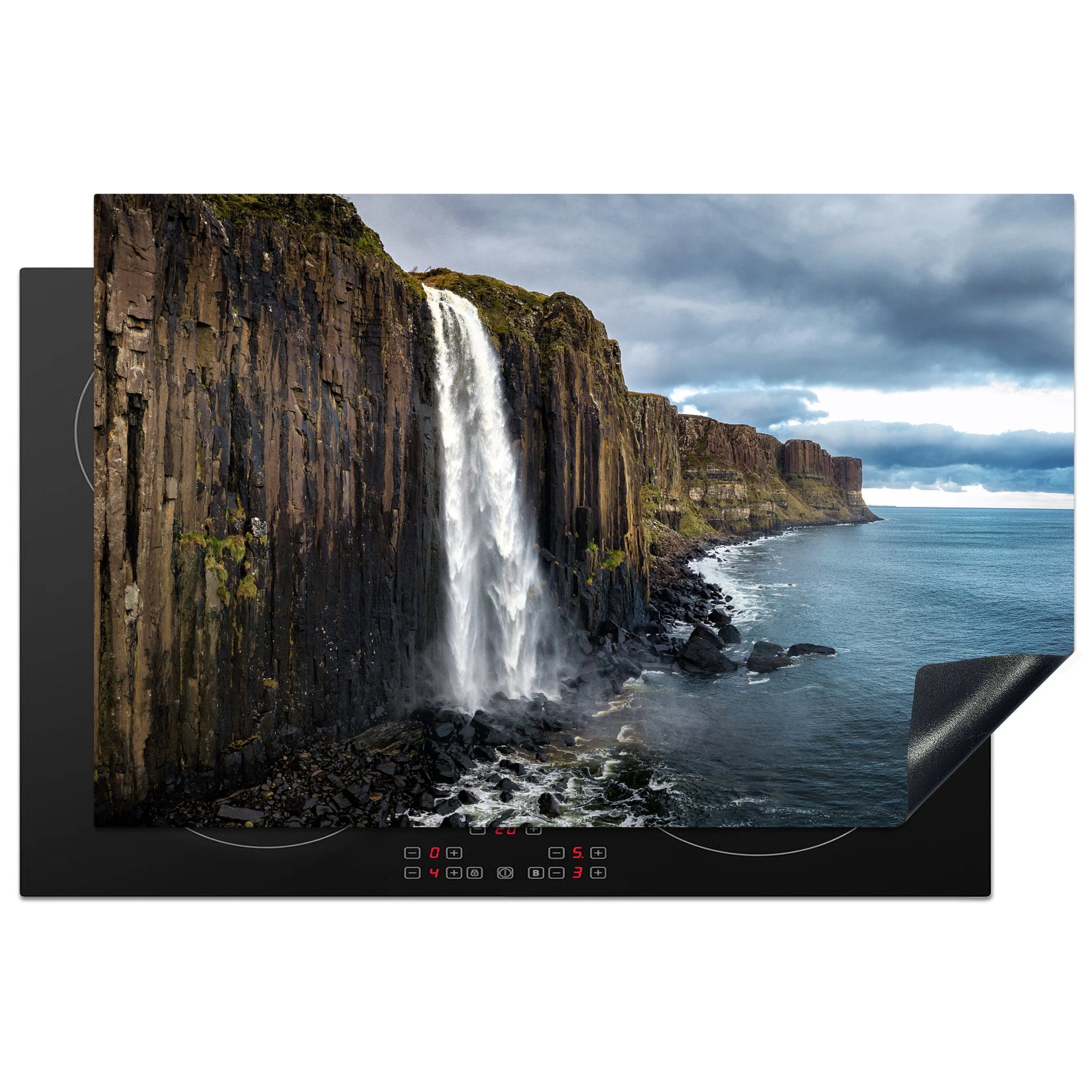 MuchoWow Herdblende-/Abdeckplatte Wasserfall - Meer - Schottland - Natur, Vinyl, (1 tlg), 81x52 cm, Induktionskochfeld Schutz für die küche, Ceranfeldabdeckung