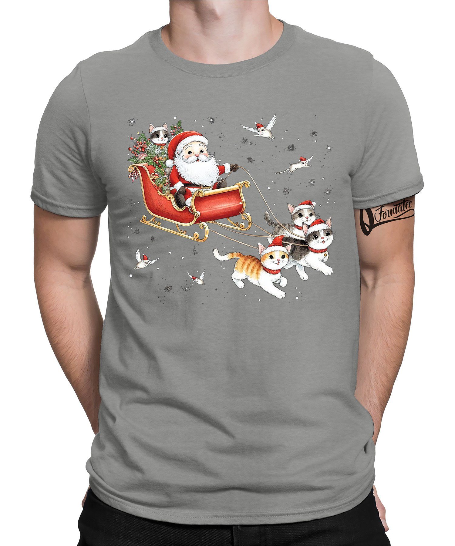Quattro Formatee Kurzarmshirt Weihnachtsschlitten Katzen - Weihnachten Nikolaus Weihnachtsgeschenk (1-tlg) Heather Grau | T-Shirts