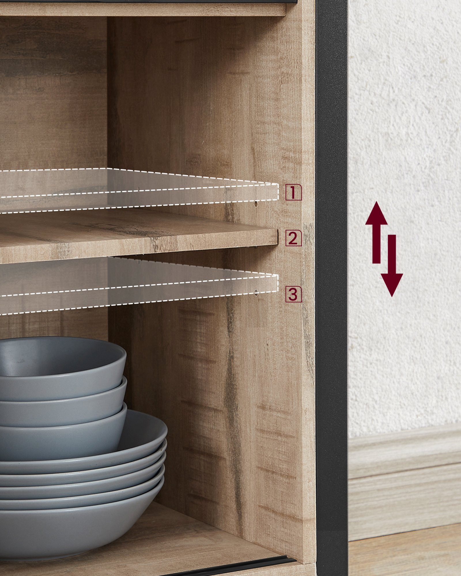 2 Sideboard verstellbare mit Ablagen Schiebetüren, Naturfarben-Schwarz VASAGLE Küchenschrank,