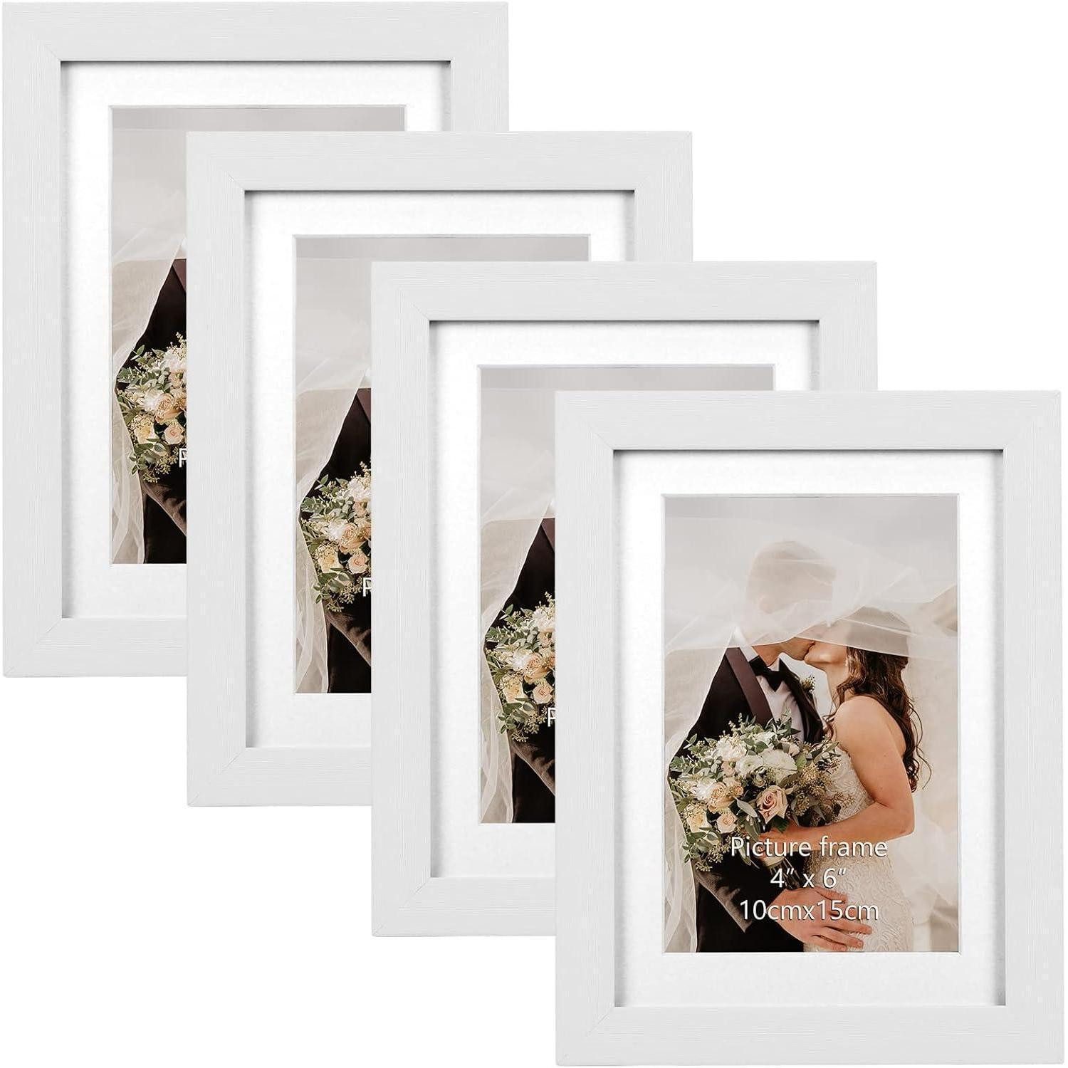 LuxusKollektion Bilderrahmen-Set 4er Set Bilderrahmen 10x15 cm weiß Holzmaserung Passepartout 13x18