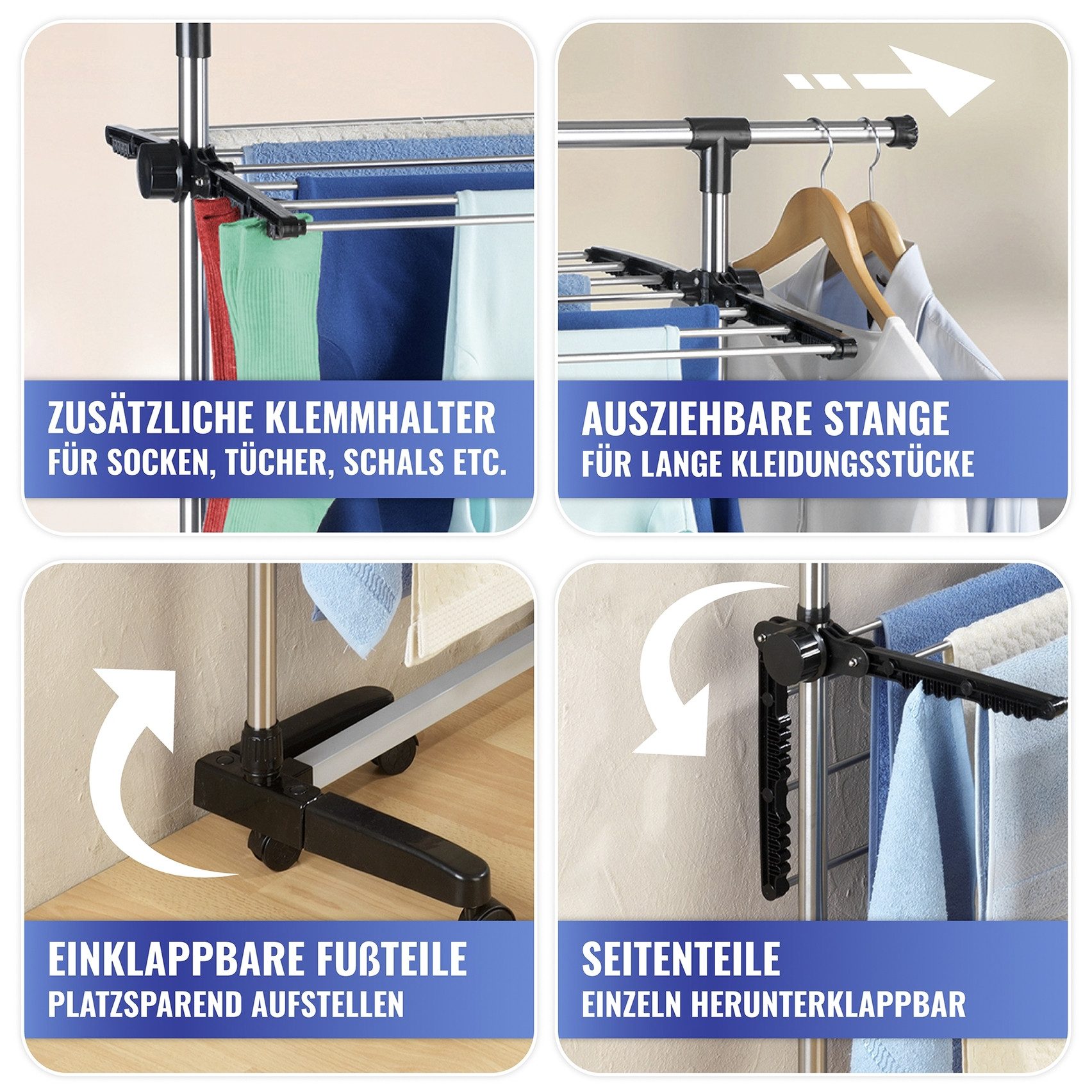 Maximex Turmwäscheständer Modell Platzsparend, Wäscheständer mit 2 Etagen und 6 Rollen, Trockenlänge 11 m, klappbar