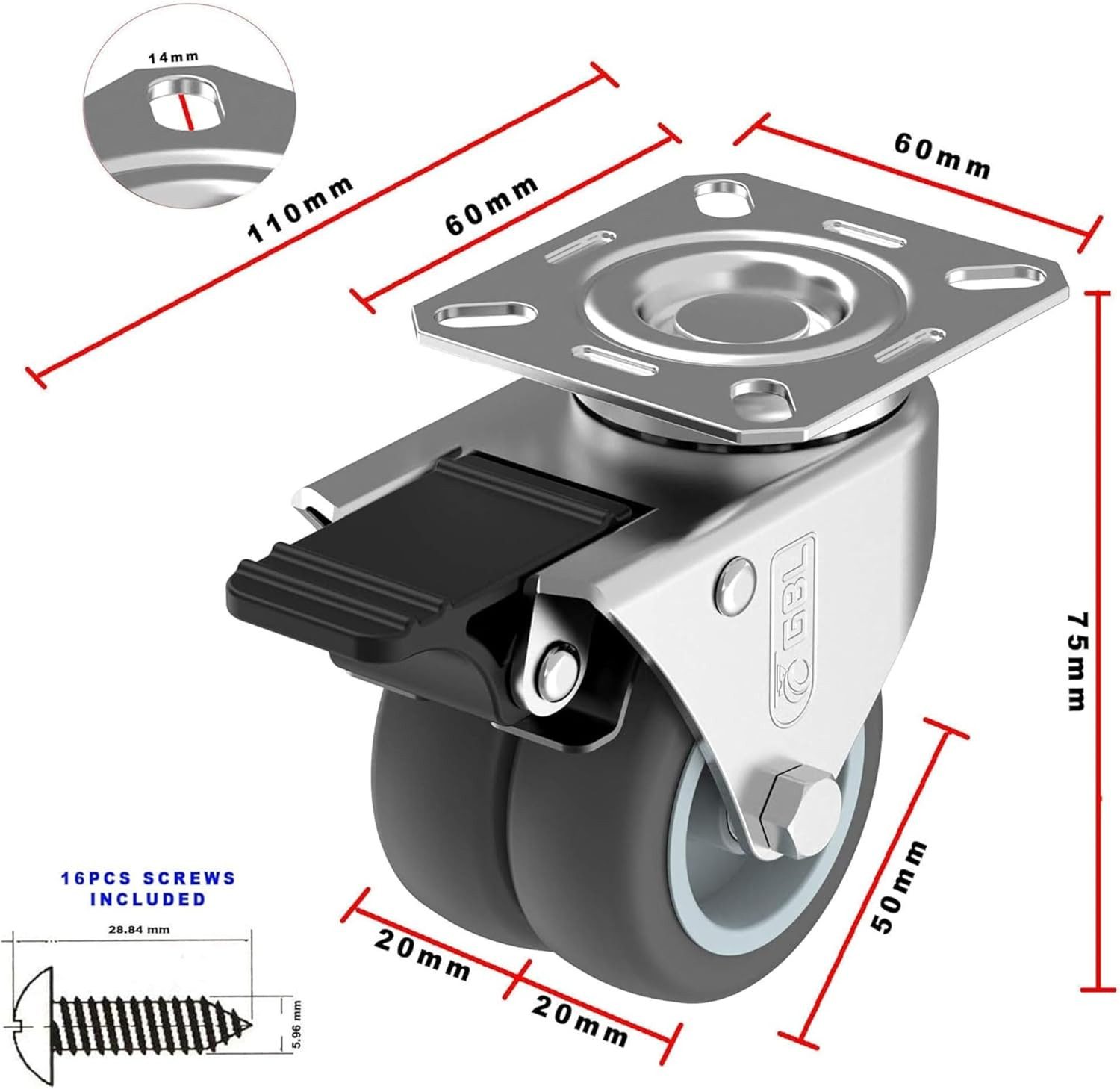 GBL Caster Wheels Möbelrolle GBL 4er Schwerlast Möbelrollen 50 mm, 400 kg, mit 2 Bremsen