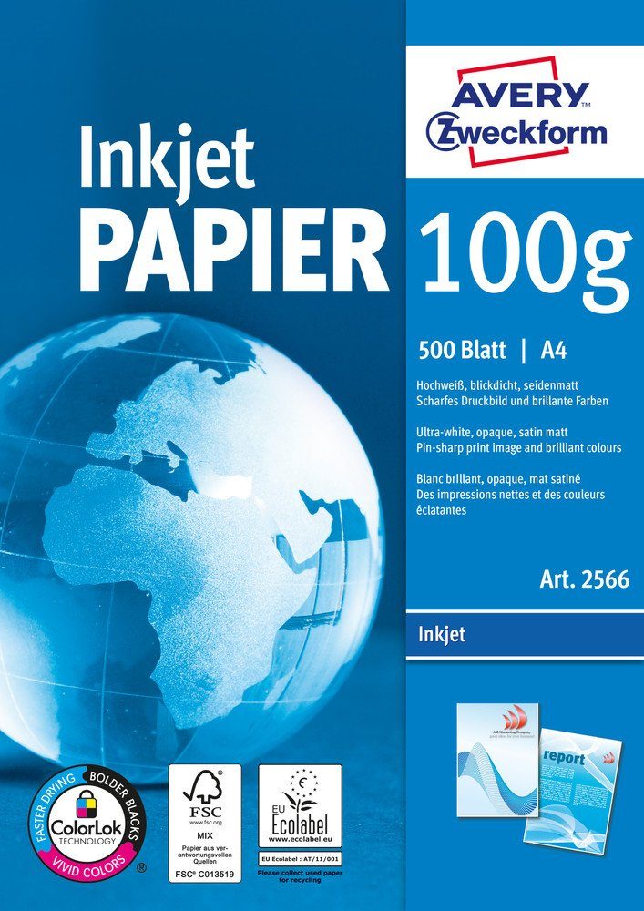 Avery Avery Zweckform Bright Sheets Zweckform Druckerpap... Papier 500 A4 Druckerpapier White Inkjet