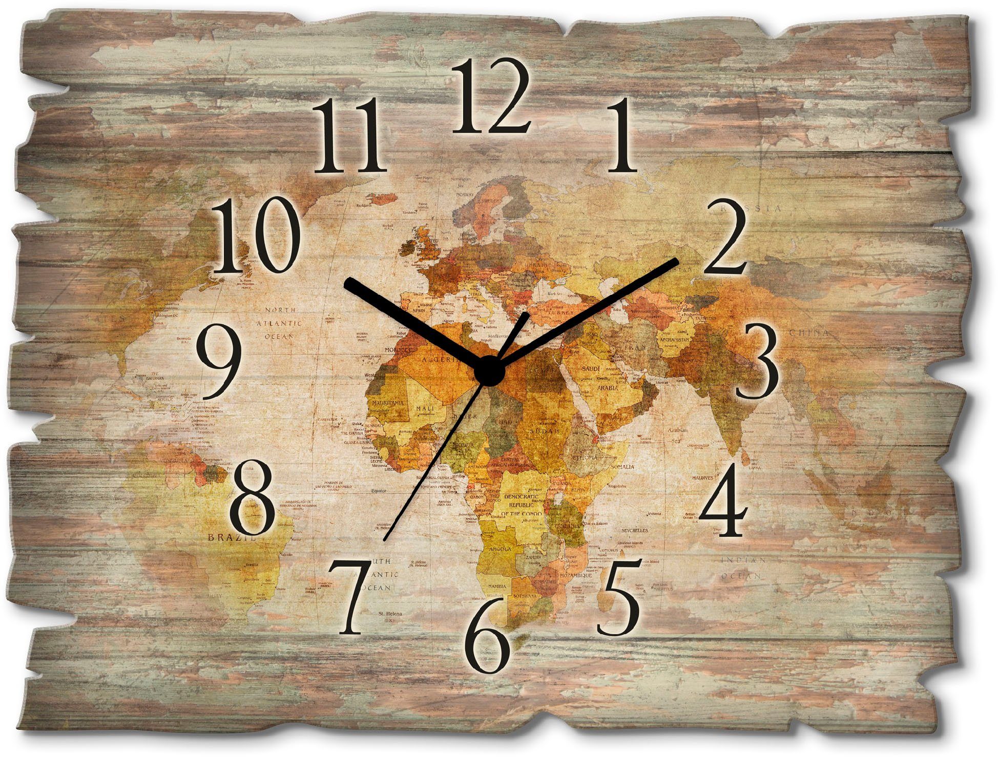 Artland Wanduhr Weltkarte (wahlweise mit Quarz- oder Funkuhrwerk, lautlos ohne Tickgeräusche)