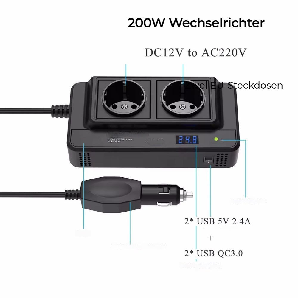 QUBEBU Wechselrichter Spannungswandler Auto KFZ Stromumwandler Wechselrichter Inverter 12V, (200W Zigarettenanzünder-Verteiler, Elektro-Adapter, mit 4 USB-Ladeanschlüssen und 2 AC-Steckdosen), für Fahrzeuge mit neuer Energie, LKWs und Wohnmobile.