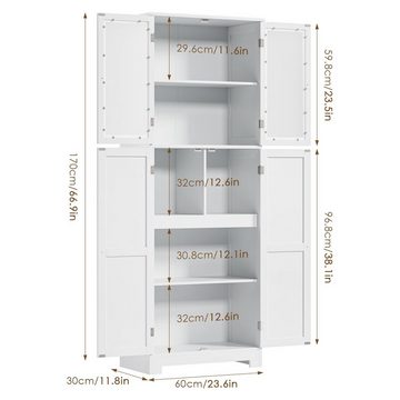 HOMECHO Hochschrank Badezimmerschrank, Küchenschrank mit 4 Türen und 6 Fächern