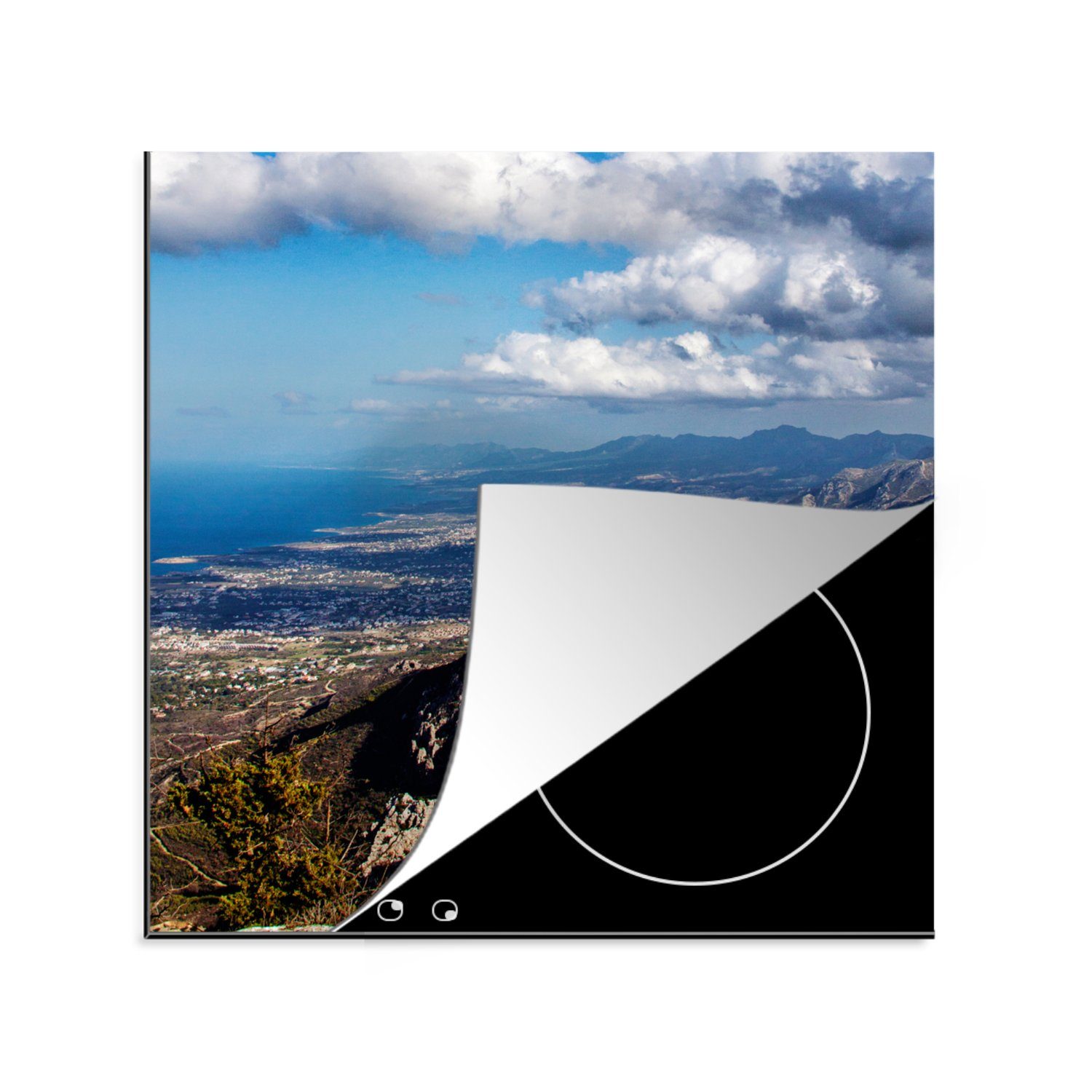MuchoWow Herdblende-/Abdeckplatte Zypern - Berg - Wolken, Vinyl, (1 tlg), 78x78 cm, Ceranfeldabdeckung, Arbeitsplatte für küche