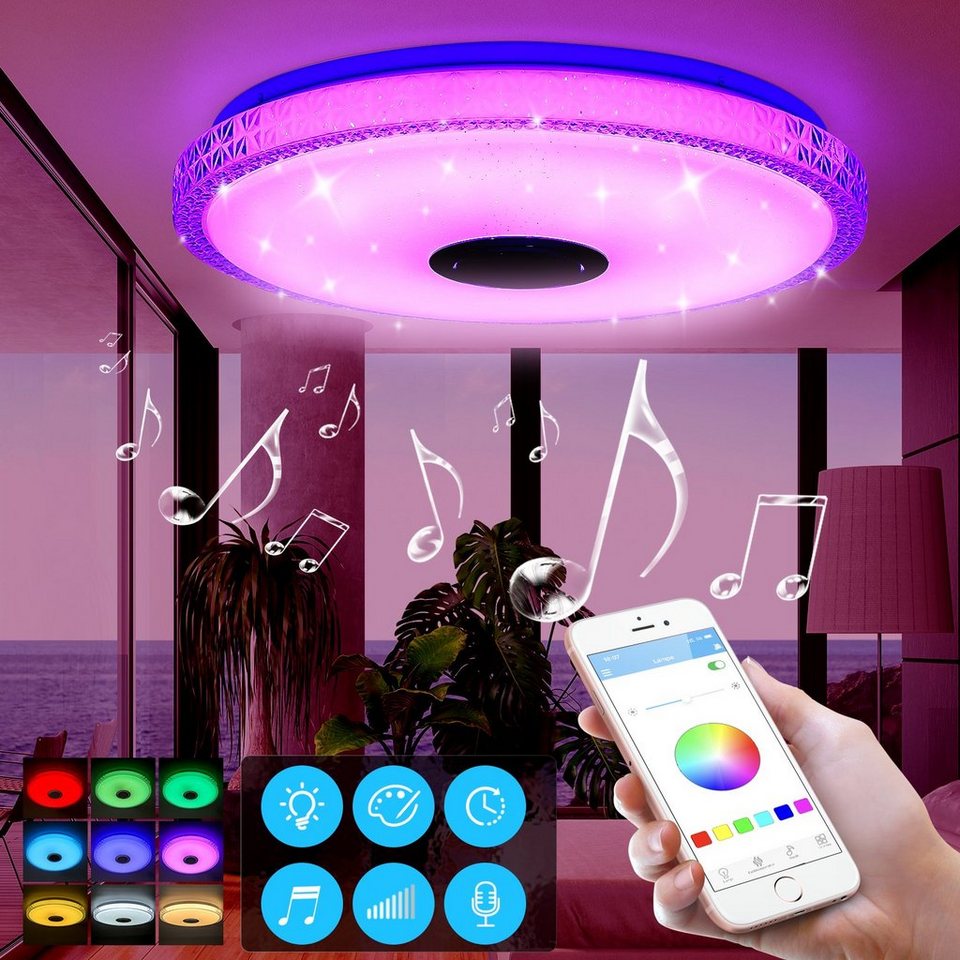 oyajia LED Deckenleuchte 60W RGB Deckenlampe Bluetooth Lautsprecher,  Dimmbar mit Fernbedienung, LED fest integriert,  Kaltweiß/Naturweiß/Warmweiß/RGB Farbwechsel, LED Kristall Sternenhimmel  Lampe Ø40cm, für Schlafzimmer Wohnzimmer Bad