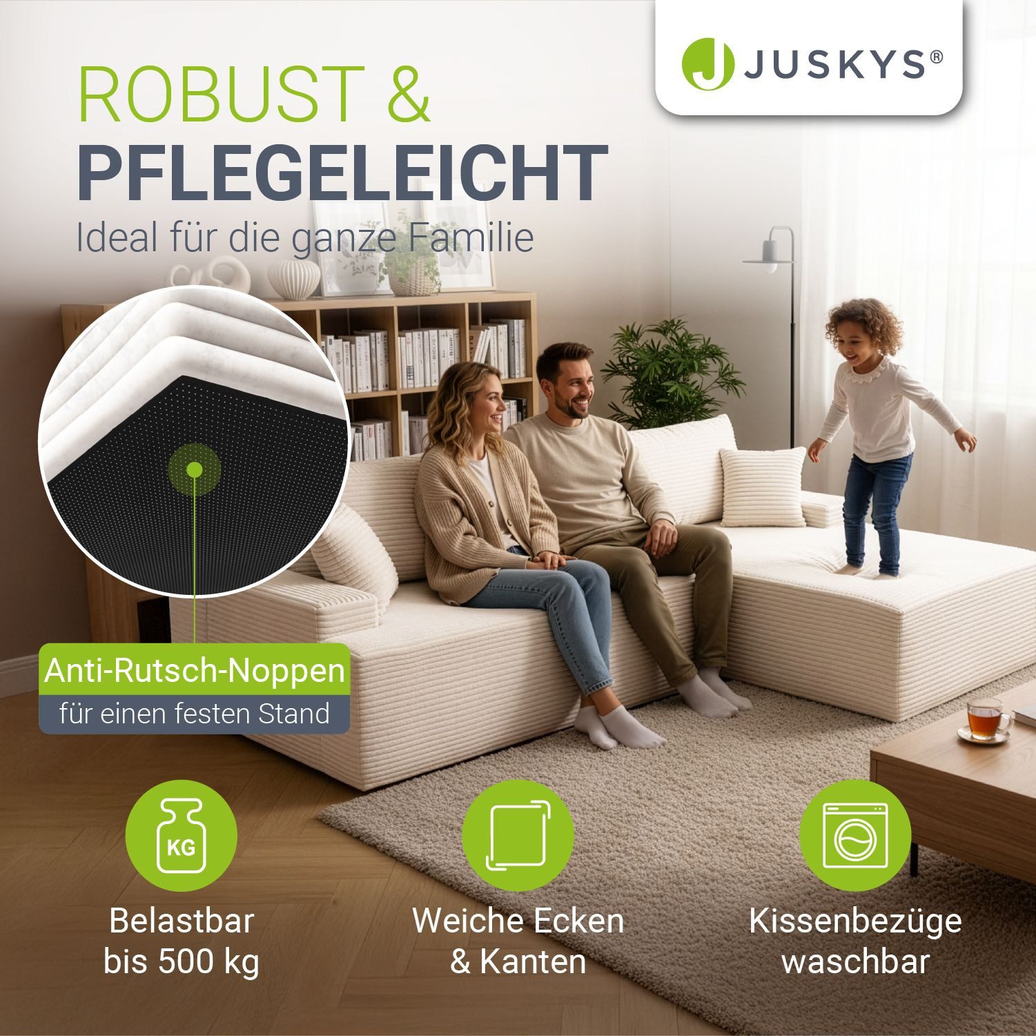 Juskys Ecksofa Coredo, Ecksofa, mit Rücken- & Dekokissen, Cordbezug, Modular platzierbar