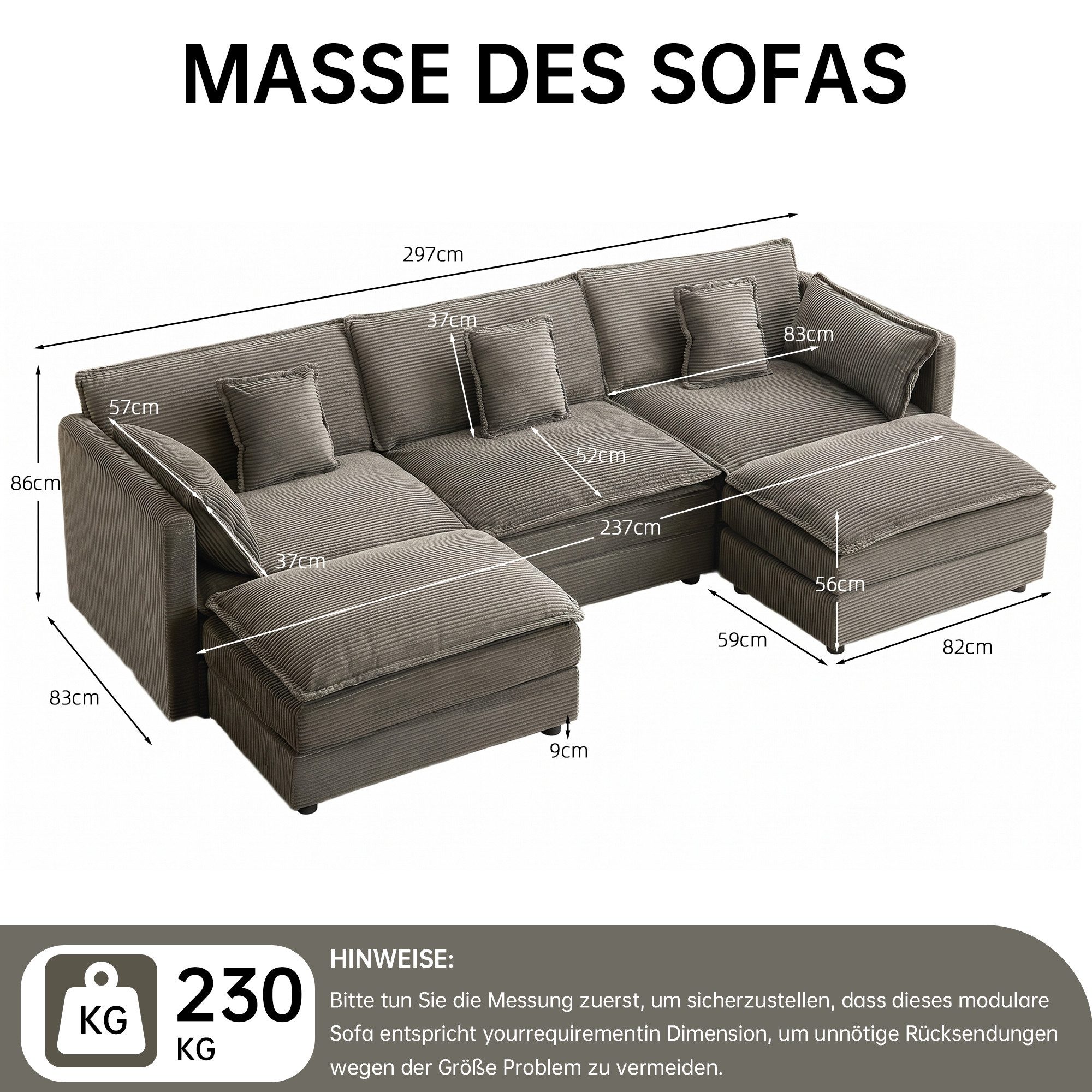 3-Personen-Sitz Grau mit 2 Fußstütze